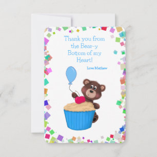 Tarjeta De Agradecimiento Cumpleaños Cupcake Azul Osito Dulce Bebé