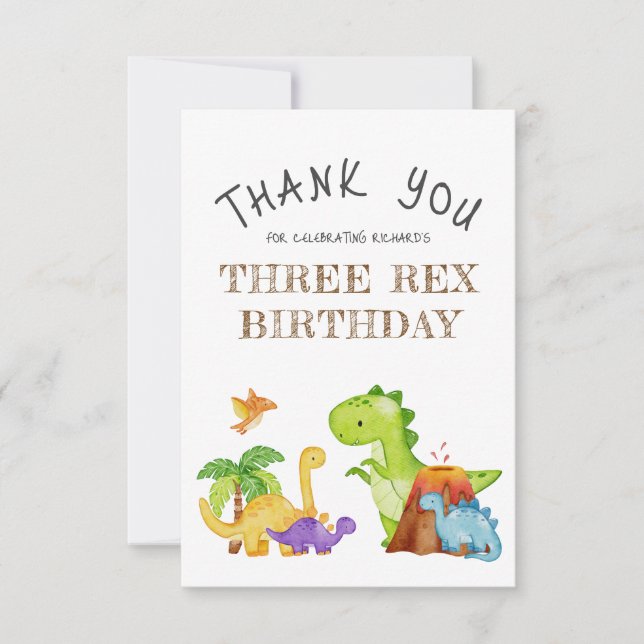 Tarjeta De Agradecimiento Cumpleaños de 3 años de Tres Rex Niños Dinosaurio (Anverso)