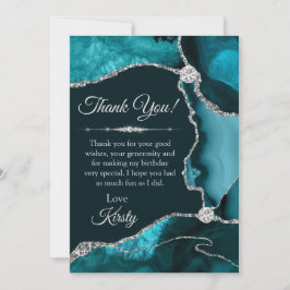 Tarjeta De Agradecimiento Cumpleaños de Ágata con Brillo Teal y Plata