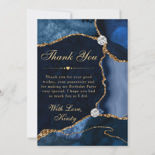 Tarjeta De Agradecimiento Cumpleaños de Ágata Falsa Brillante Azul y Dorado