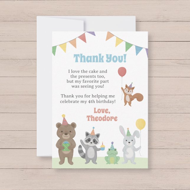 Tarjeta De Agradecimiento Cumpleaños de Animales de Fiesta (Party Animals Birthday Thank You card with bear, raccoon, frog, rabbit, and squirrel)