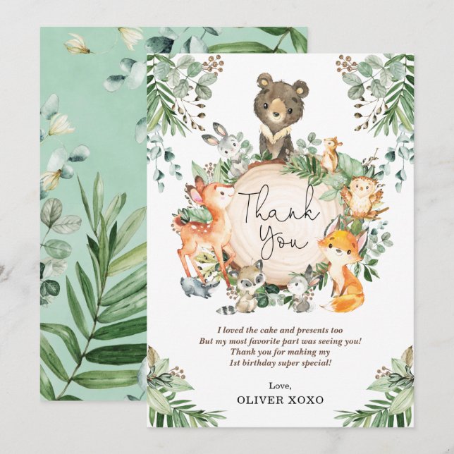 Tarjeta De Agradecimiento Cumpleaños de animales del bosque de Greenery lind (Anverso / Reverso)