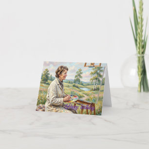 Tarjeta De Agradecimiento Cumpleaños de artista femenina pintando flores en