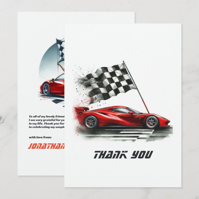 Tarjeta De Agradecimiento Cumpleaños de Auto de Carreras (Anverso / Reverso)