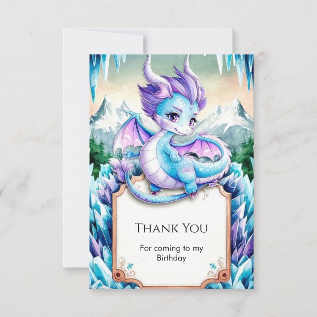 Tarjeta De Agradecimiento Cumpleaños de Bebé Dragón de Hielo Adorable (Anverso)