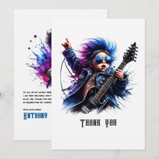 Tarjeta De Agradecimiento Cumpleaños de bebé estrella de rock (Anverso / Reverso)