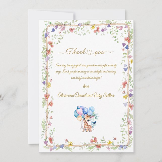 Tarjeta De Agradecimiento Cumpleaños de bebé jirafa personalizado (Anverso)