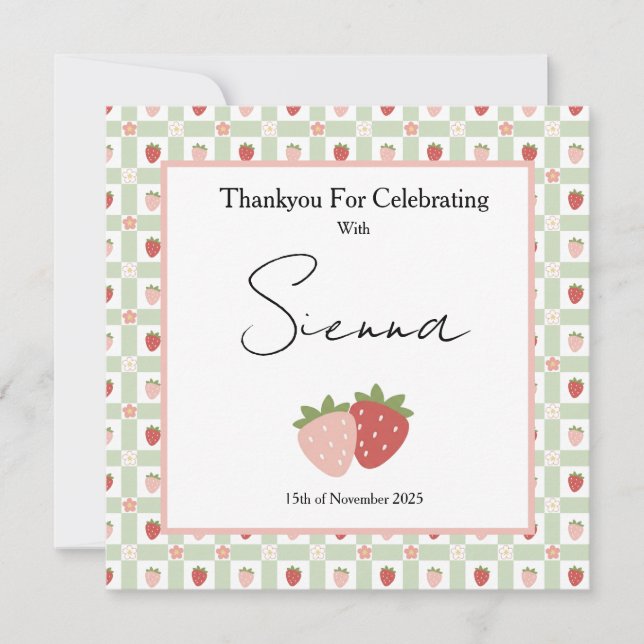 Tarjeta De Agradecimiento Cumpleaños de Berry Primero Impresión de Gingham P (Anverso)