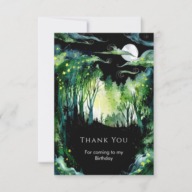Tarjeta De Agradecimiento Cumpleaños de Bosque con Brillo de Luciérnaga (Anverso)