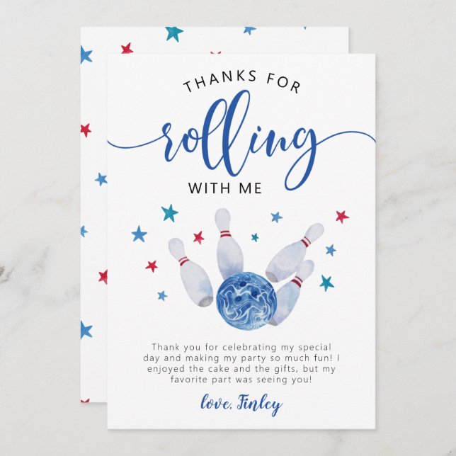 Tarjeta De Agradecimiento Cumpleaños de Bowling Blue Agradeciendo por Rodar  (Anverso / Reverso)