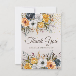 Tarjeta De Agradecimiento Cumpleaños de brillo floral azul naval amarillo 