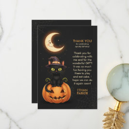 Tarjeta De Agradecimiento Cumpleaños de Bruja Gata y Calabaza Adorable