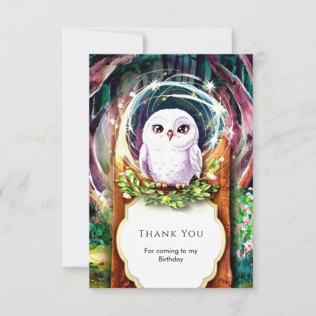 Tarjeta De Agradecimiento Cumpleaños de búho acuarela boho (Anverso)
