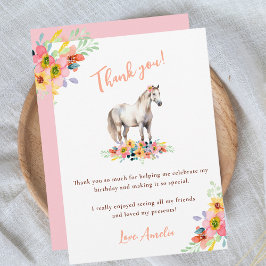 Tarjeta De Agradecimiento Cumpleaños de caballo Fiesta floral pony rosa