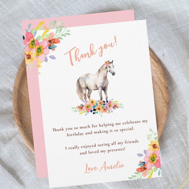 Tarjeta De Agradecimiento Cumpleaños de caballo Fiesta floral pony rosa (Subido por el creador)
