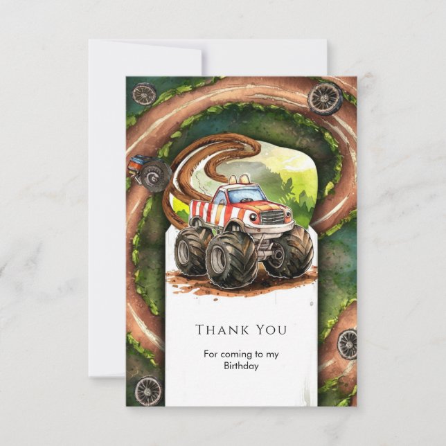 Tarjeta De Agradecimiento Cumpleaños de Camión Monstruo de Acuarela Sencillo (Anverso)