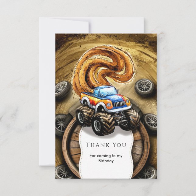 Tarjeta De Agradecimiento Cumpleaños de Camión Monstruo Pastel Track (Anverso)