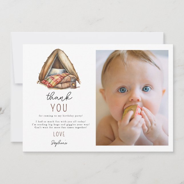 Tarjeta De Agradecimiento Cumpleaños de campista del bosque de aventuras (Anverso)