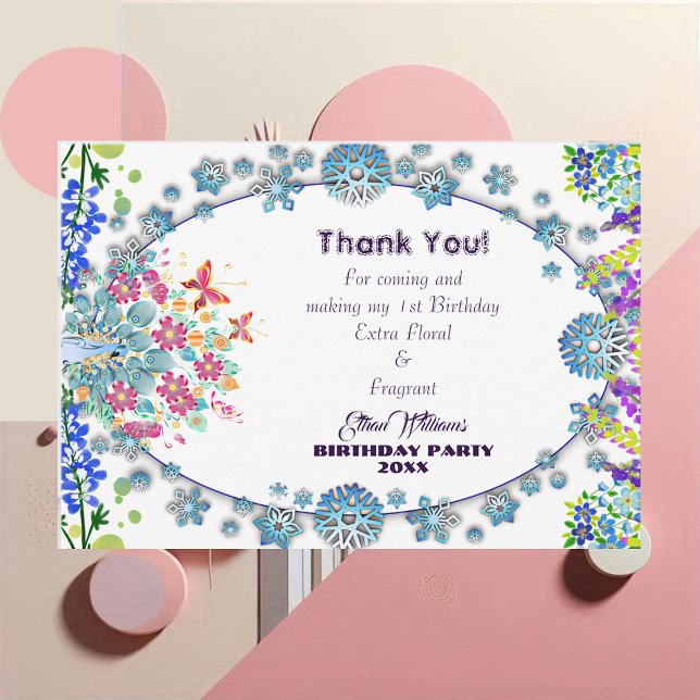 Tarjeta De Agradecimiento Cumpleaños de capullo de flor azul oval suave para (Kid's Soft Oval Blue Little Flower Bud Birthday Thank You Card)