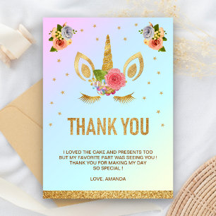 Tarjeta De Agradecimiento Cumpleaños de Cara de Unicornio con Brillo Dorado