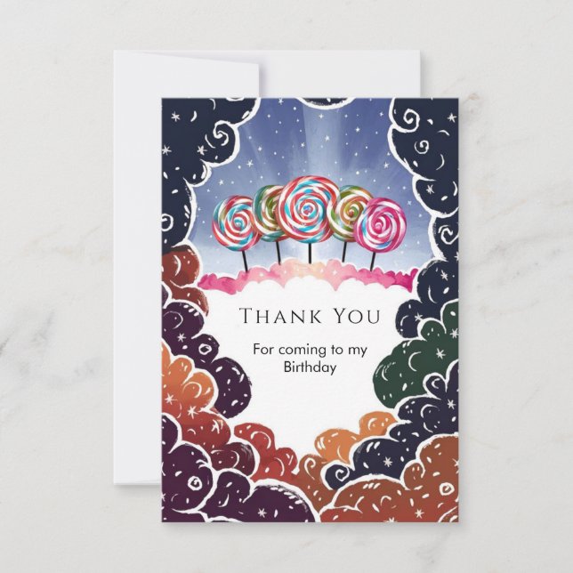 Tarjeta De Agradecimiento Cumpleaños de Caramelos Dulces Lollipop (Anverso)