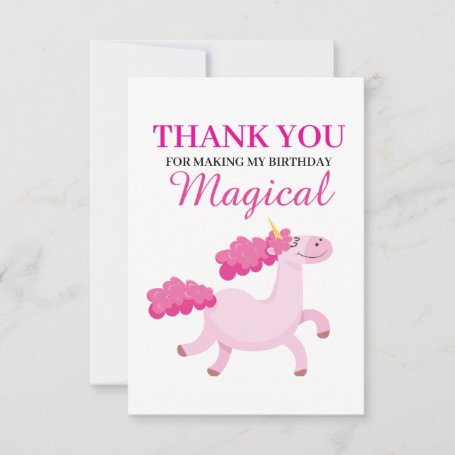 Tarjeta De Agradecimiento Cumpleaños de Chicas de Unicornio Rosado (Anverso)