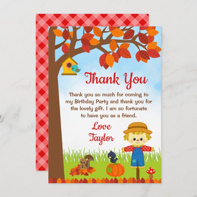 Tarjeta De Agradecimiento Cumpleaños de Chico Espantapájaros de Otoño (Anverso / Reverso)