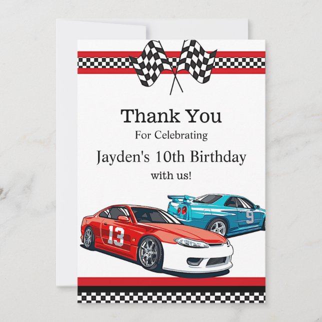 Tarjeta De Agradecimiento Cumpleaños de coche de carreras,  (Anverso)