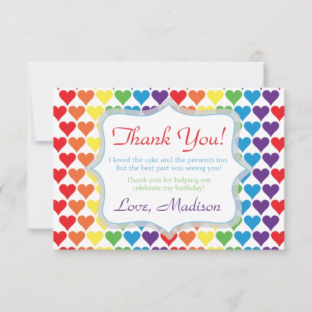 Tarjeta De Agradecimiento Cumpleaños de Corazones de Arcoíris (Anverso)