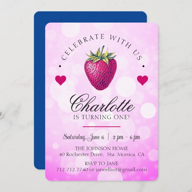 Tarjeta De Agradecimiento Cumpleaños de Corazones de Fresa Rosa (Anverso / Reverso)