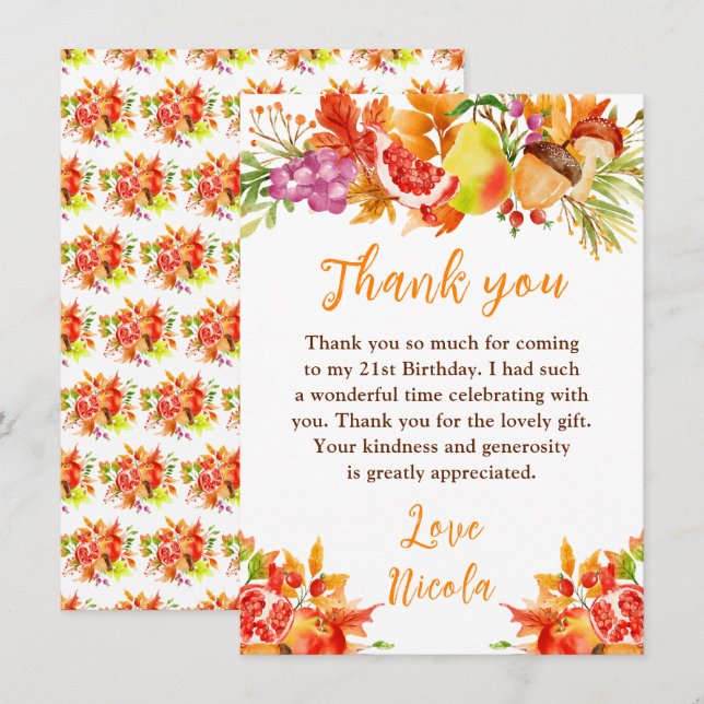 Tarjeta De Agradecimiento Cumpleaños de cosecha de otoño (Anverso / Reverso)