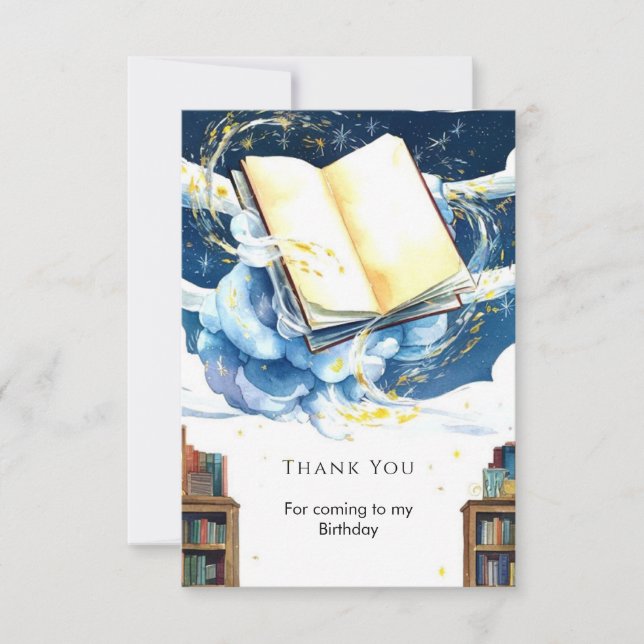 Tarjeta De Agradecimiento Cumpleaños de cuento de hadas de biblioteca editab (Anverso)
