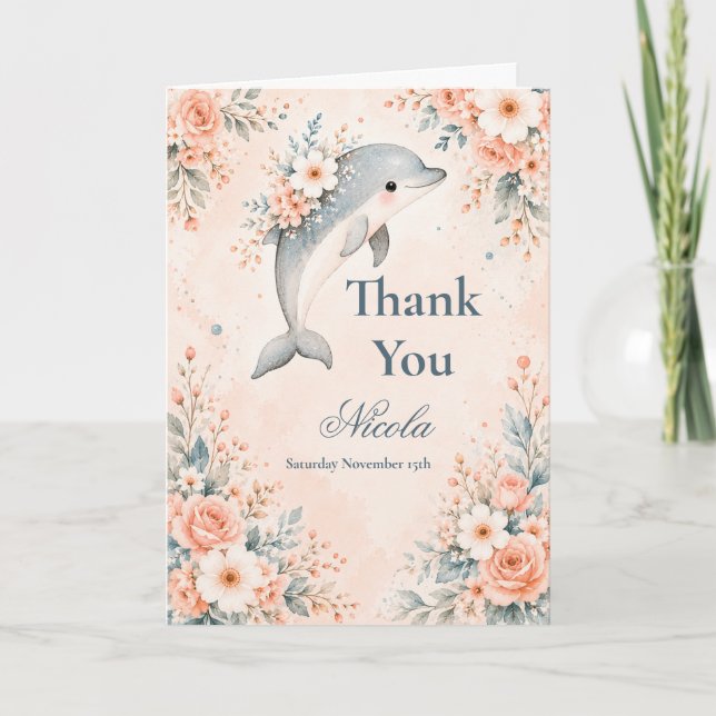 Tarjeta De Agradecimiento Cumpleaños de delfín floral (Anverso)