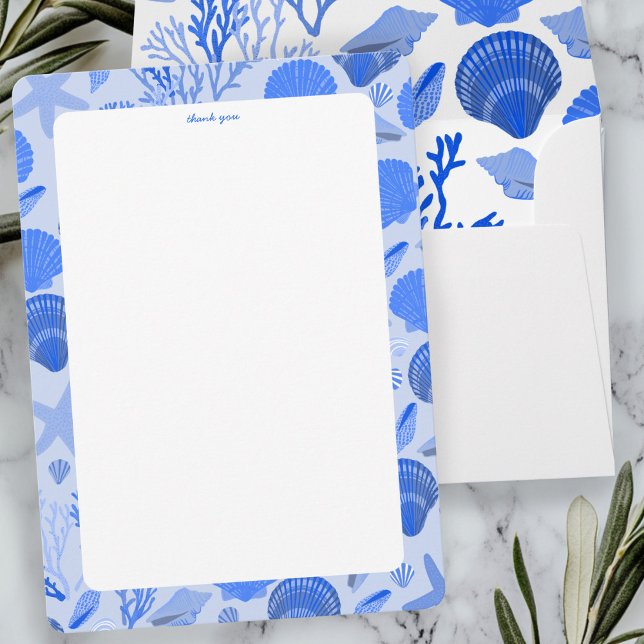 Tarjeta De Agradecimiento Cumpleaños de Despedida de Soltera Conchas Marinas (Seashells Bridal Shower Elegant Blue Beach CUSTOM Thank You Card
)