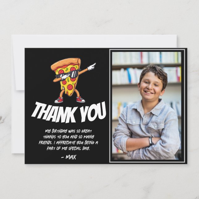 Tarjeta De Agradecimiento Cumpleaños de Fiesta de Pizza | Divertida Fiesta d (Anverso)
