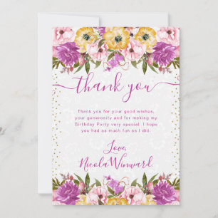 Tarjeta De Agradecimiento Cumpleaños de flores de verano rosadas y amarillas