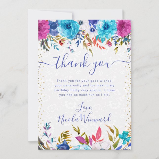 Tarjeta De Agradecimiento Cumpleaños de flores de verano rosadas y azules (Anverso)