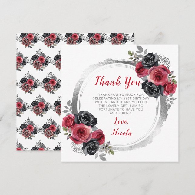 Tarjeta De Agradecimiento Cumpleaños de Flores Elegantes Rojas y Plateadas (Anverso / Reverso)