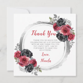 Tarjeta De Agradecimiento Cumpleaños de Flores Elegantes Rojas y Plateadas