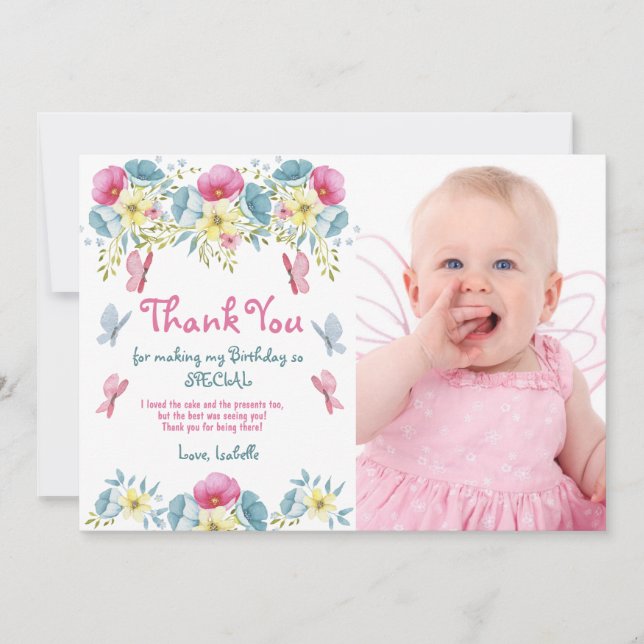 Tarjeta De Agradecimiento Cumpleaños de flores rosadas mariposas foto (Anverso)