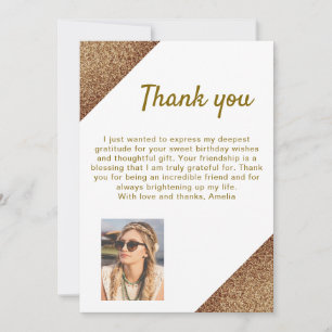 Tarjeta De Agradecimiento Cumpleaños de Foto con Brillo de Oro Blanco Elegan