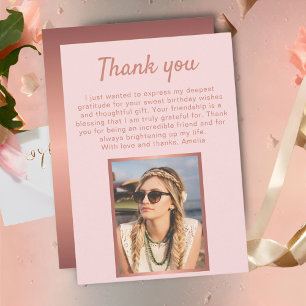 Tarjeta De Agradecimiento Cumpleaños de foto metálica en rosa chic