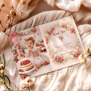 Tarjeta De Agradecimiento Cumpleaños de Fresa Rosada Vintage Jardín 1er
