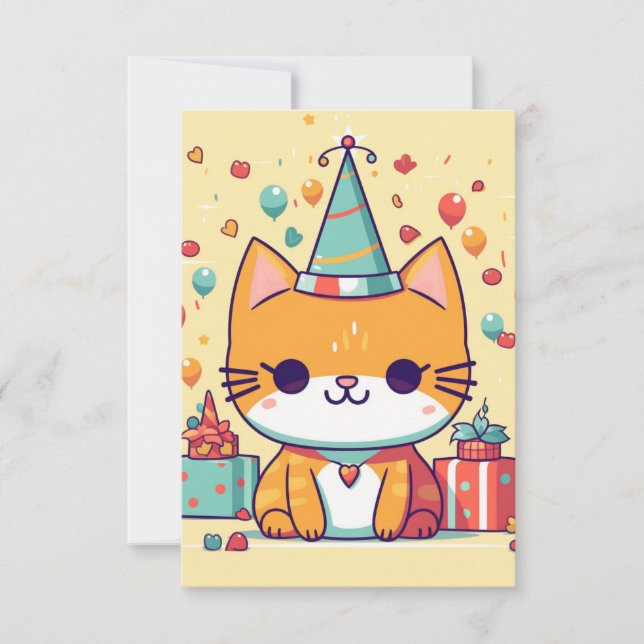 Tarjeta De Agradecimiento Cumpleaños de gato de fiesta lindo,  (Anverso)