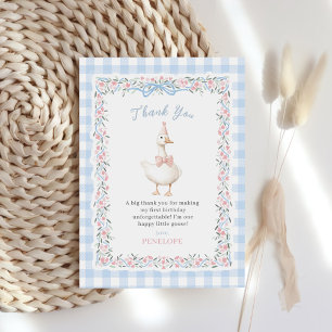 Tarjeta De Agradecimiento Cumpleaños de Gingham Floral de Ganso Tonto Azul