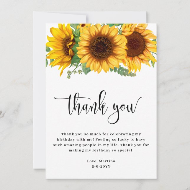 Tarjeta De Agradecimiento Cumpleaños de Girasoles (Anverso)