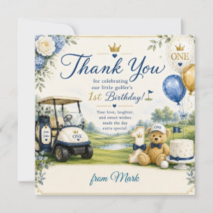 Tarjeta De Agradecimiento Cumpleaños de golf 1er con carrito de golf en gree