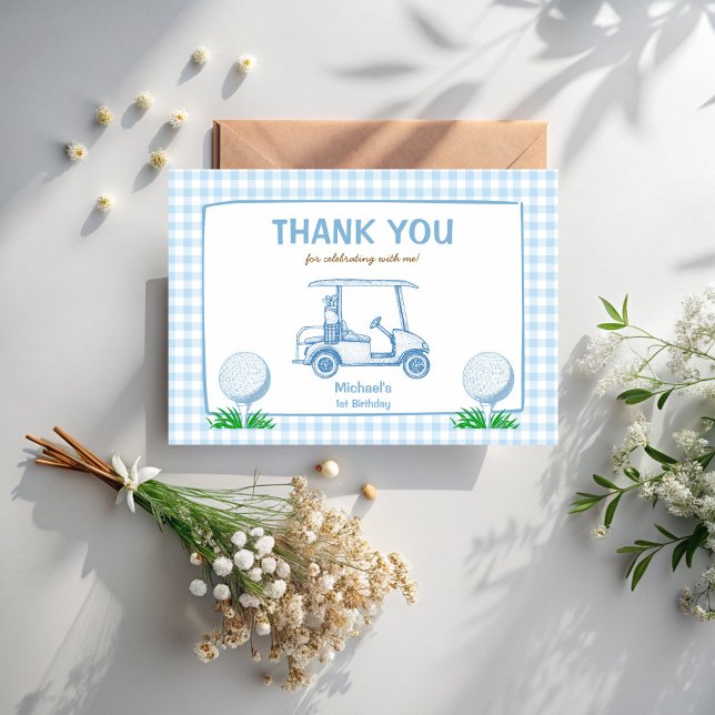Tarjeta De Agradecimiento Cumpleaños de golf con gingham azul 'Hole in one' (Hole in one blue gingham golf 1st birthday party thank you cards golf party supplies)