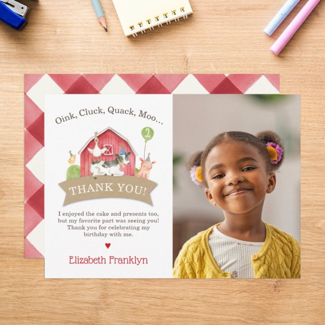 Tarjeta De Agradecimiento Cumpleaños de granja Animal Fiesta Cuadrillé Rojo  (Subido por el creador)