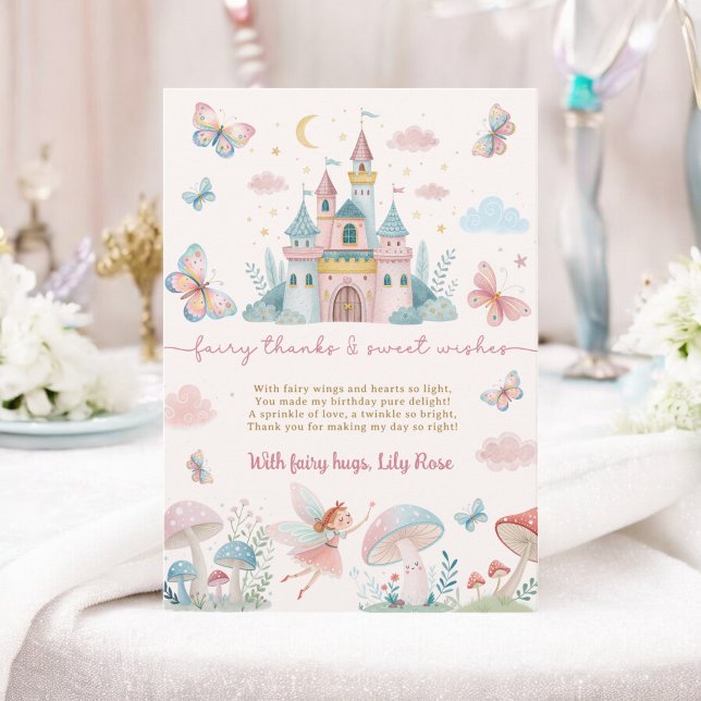 Tarjeta De Agradecimiento Cumpleaños de Hada Caprichosa Primer Castillo Rosa (Whimsical Fairy First Birthday Pink Castle Kids Thank You Card)